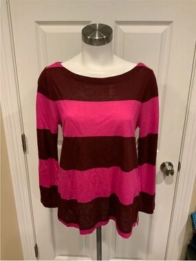 J. Crew Rugby Striped Boatneck Top in Fuchsia Pink and Dark Burgundy - Small
